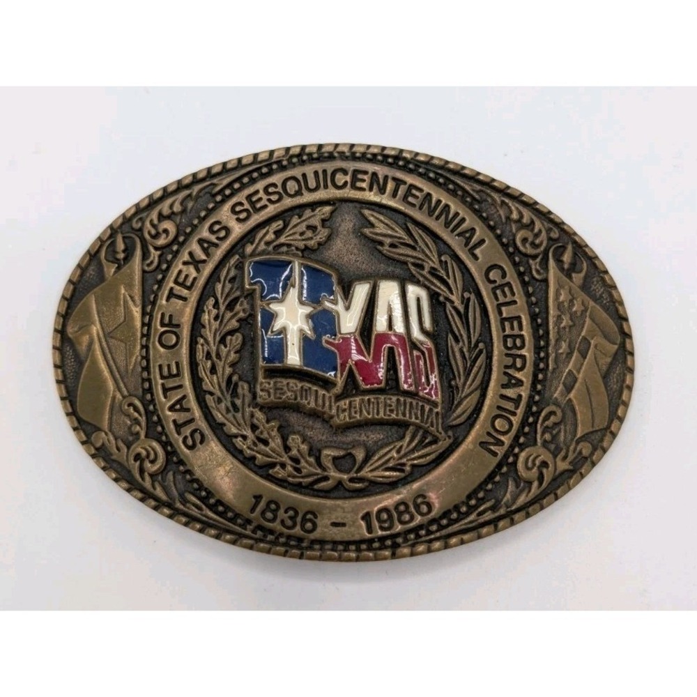 STATE OF TEXAS SESQUICENTENNIAL CELEBRATION BELT BUCKLE 1836-1986, Solid Brass
